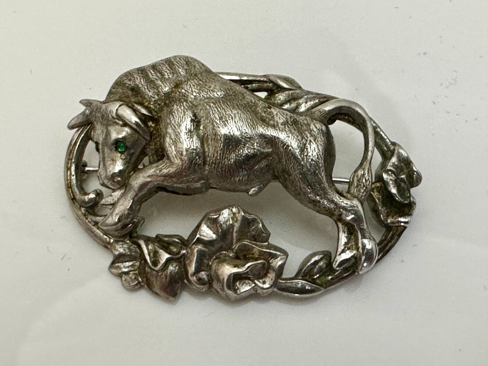Taurus Bull 2" Wide Green Eyes -9 25 Sterling Silver Vintage Brooch by Otis