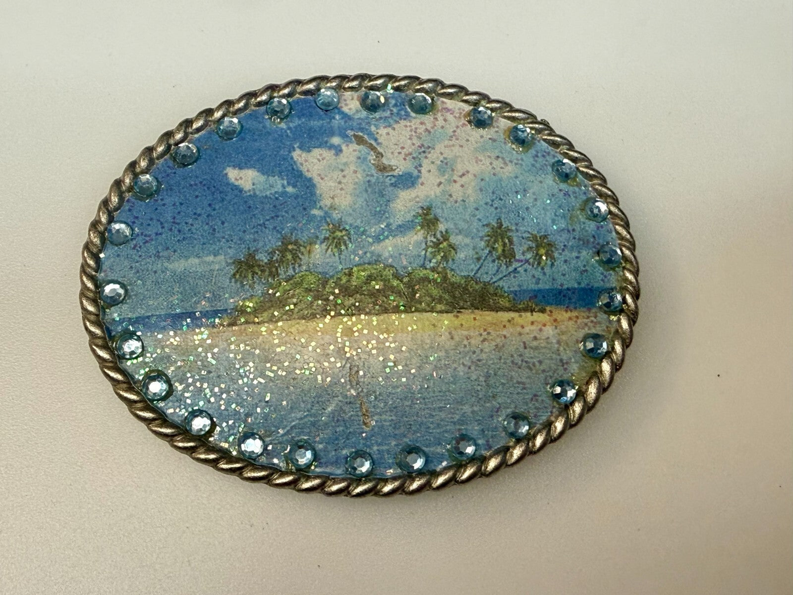 Tropical Island Paradise Picture Vintage Rhinestone Border Oval Belt Buckle