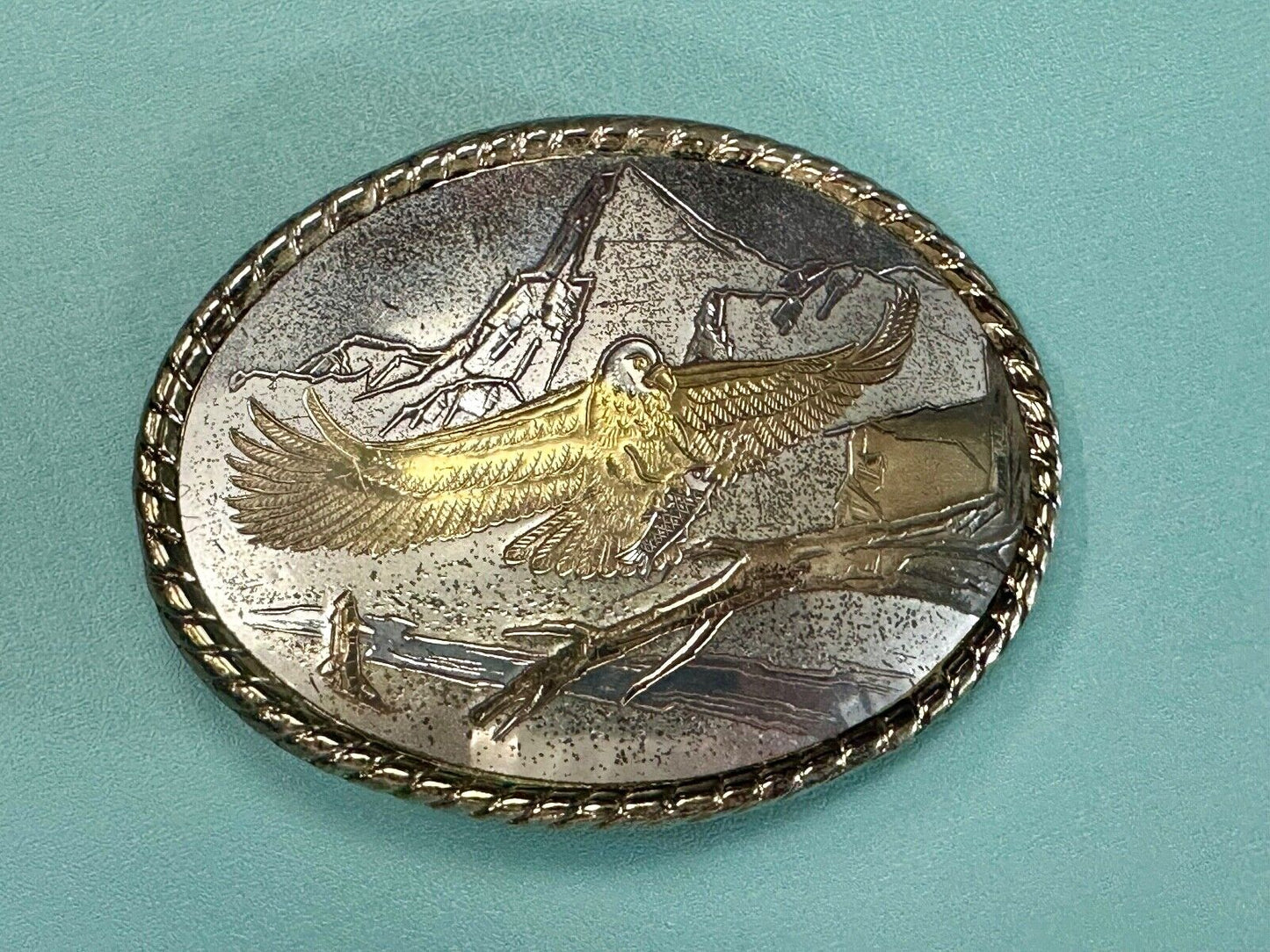 American Eagle Landing on limb perch - Vintage western oval belt buckle marked W
