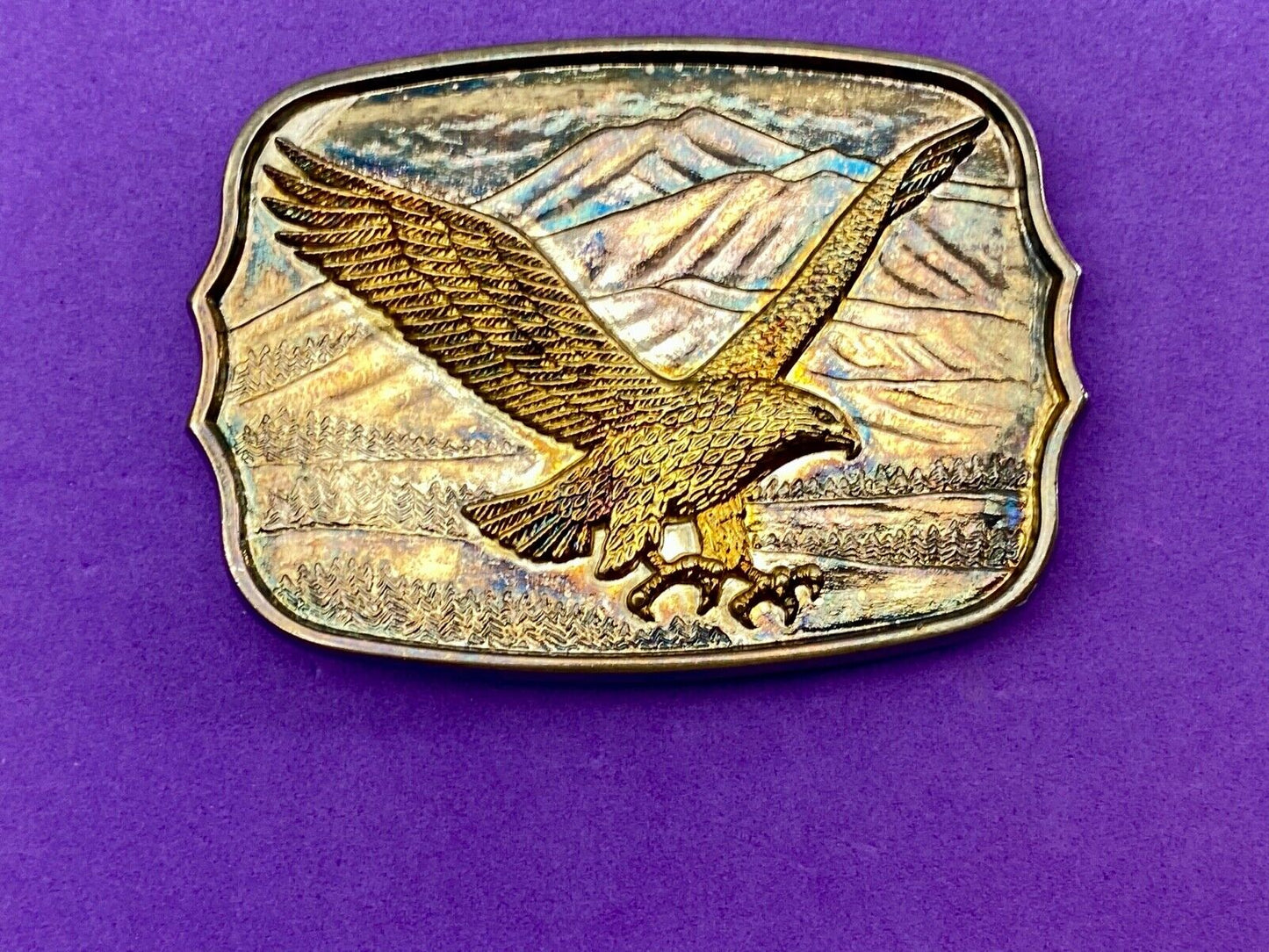 Vintage Gold & Silver Tone Flying American Eagle Mountains numbered Belt Buckle