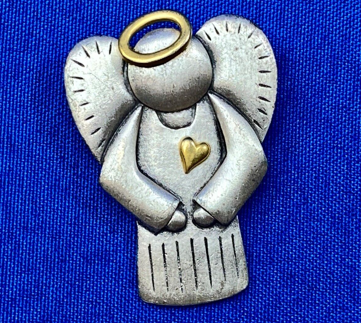 Angels Watch Over Me Pewter Two tone Halo &Heart  Brooch Pin Costume Jewelry
