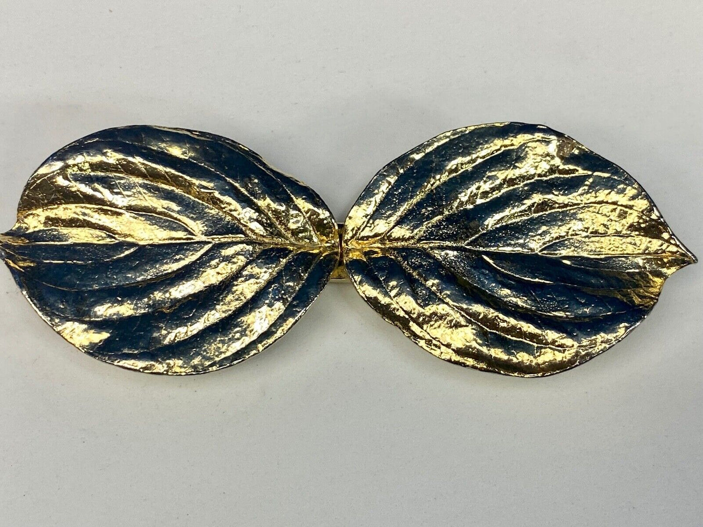 Vintage gold tone two piece interlocking 5" wide leaf belt buckle w/ makers mark