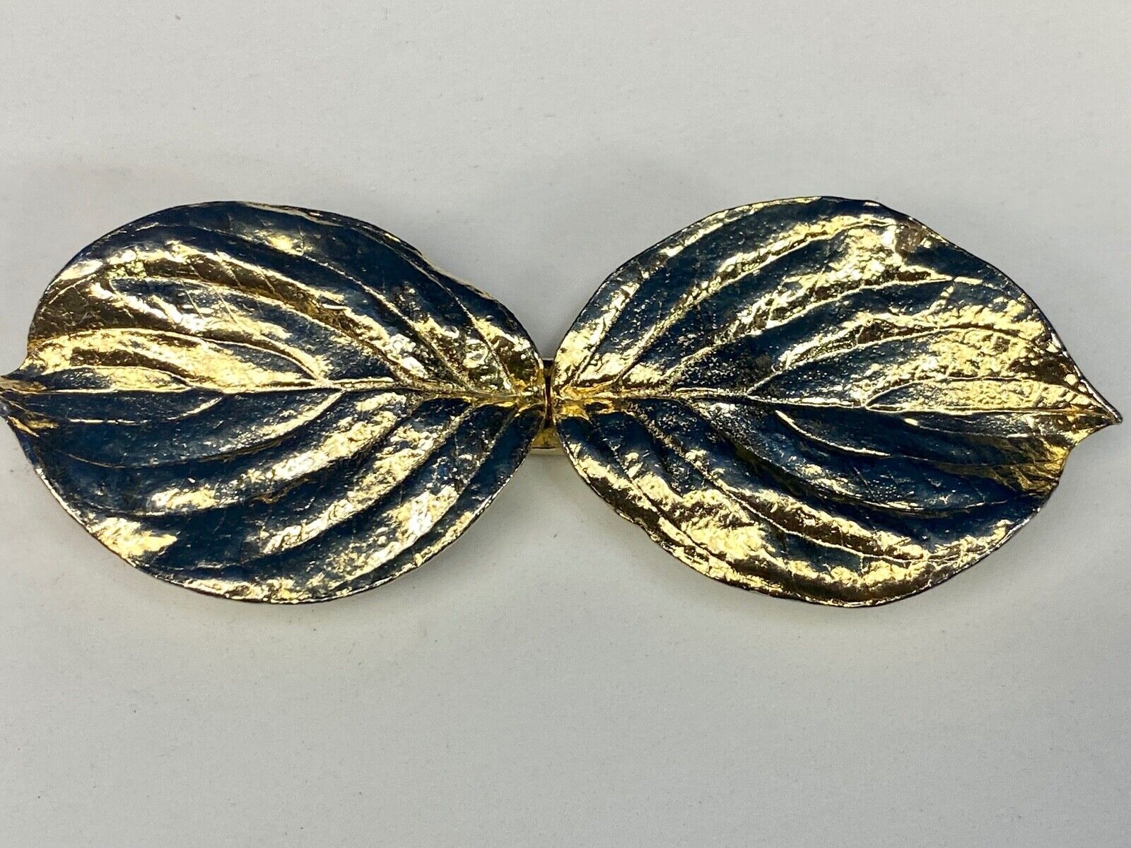 Vintage gold tone two piece interlocking 5" wide leaf belt buckle w/ makers mark