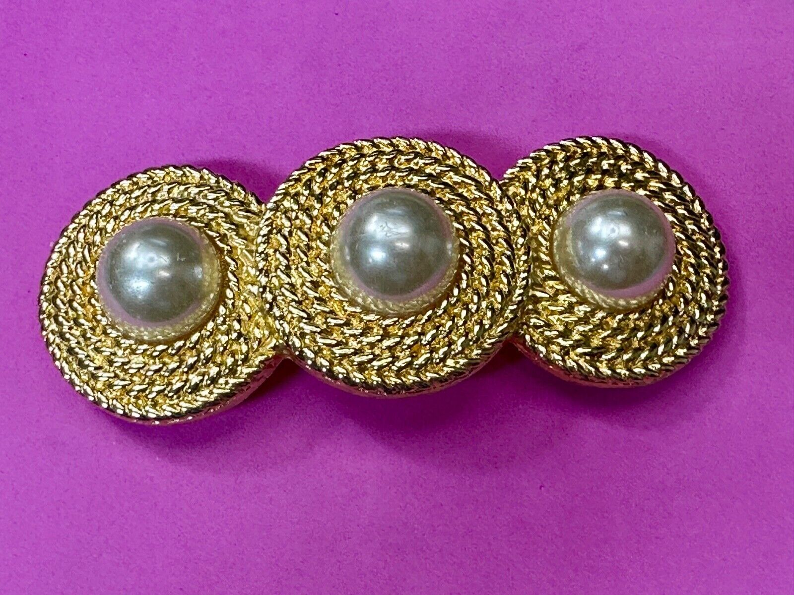 Three Round Faux Pearl's HUGE Statement Large Gold Tone Vintage Belt Buckle