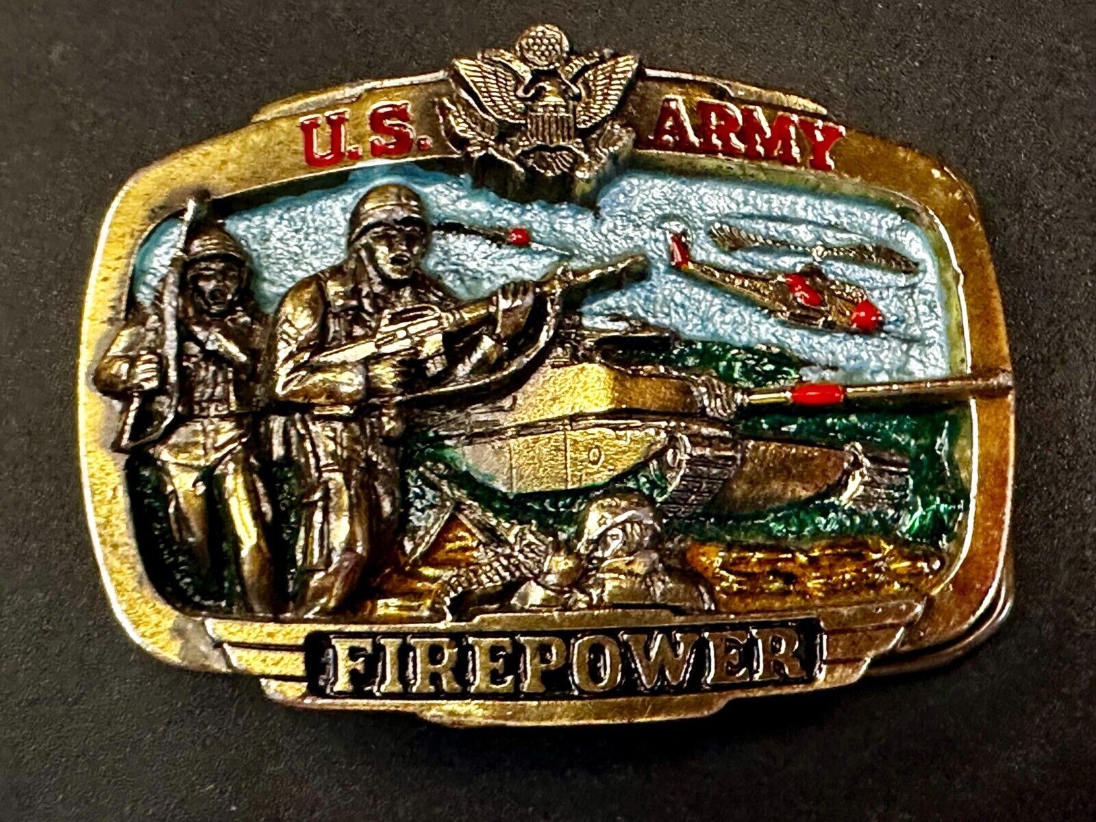 US Army Fire Power The Great American Buckle company Vintage Tank Helicopter