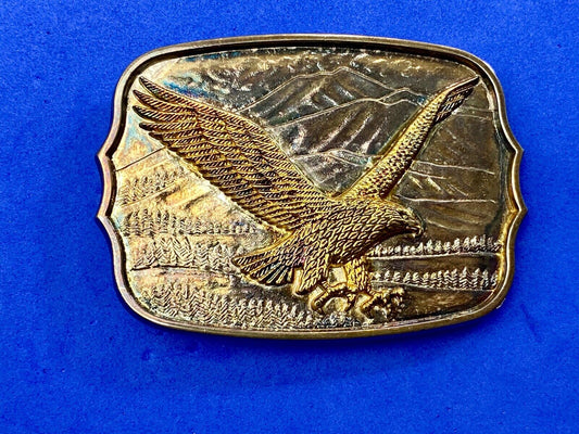 Vintage Gold & Silver Tone Flying American Eagle Mountains numbered Belt Buckle