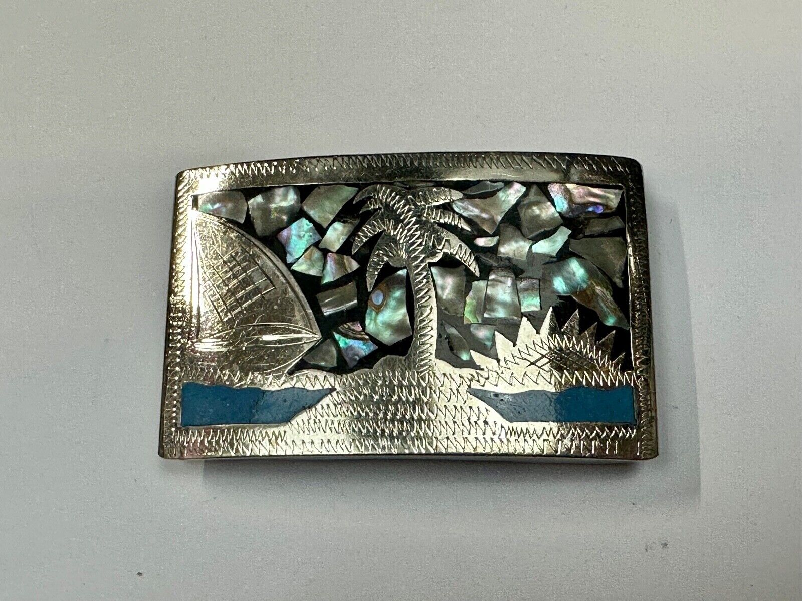 Beach Scene with Palm Tree - Inlaid Turquoise, Abalone Shell Vintage belt buckle