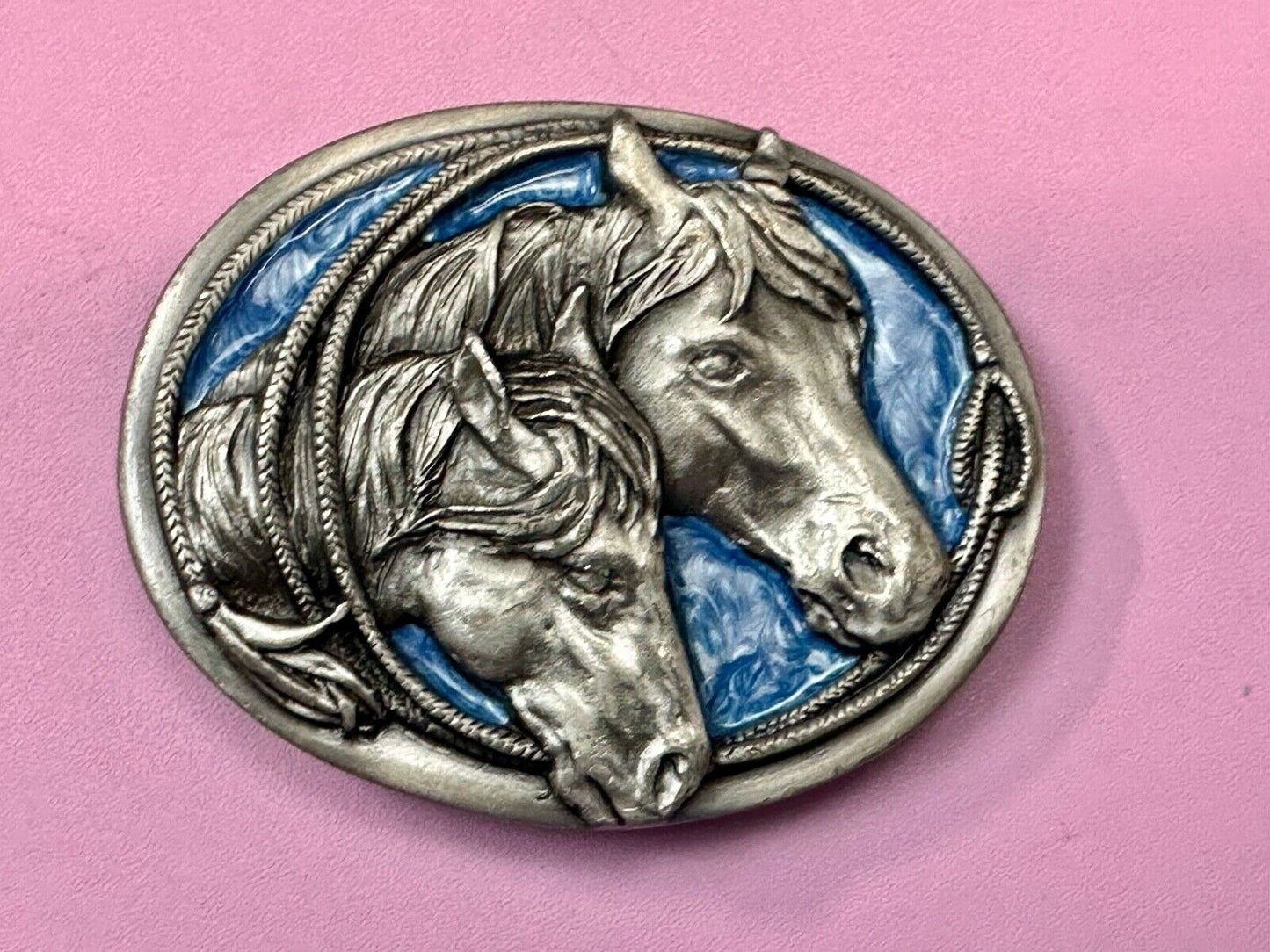 Two Horses - Vintage U-10 Siskiyou Blue Enamel Belt Buckle