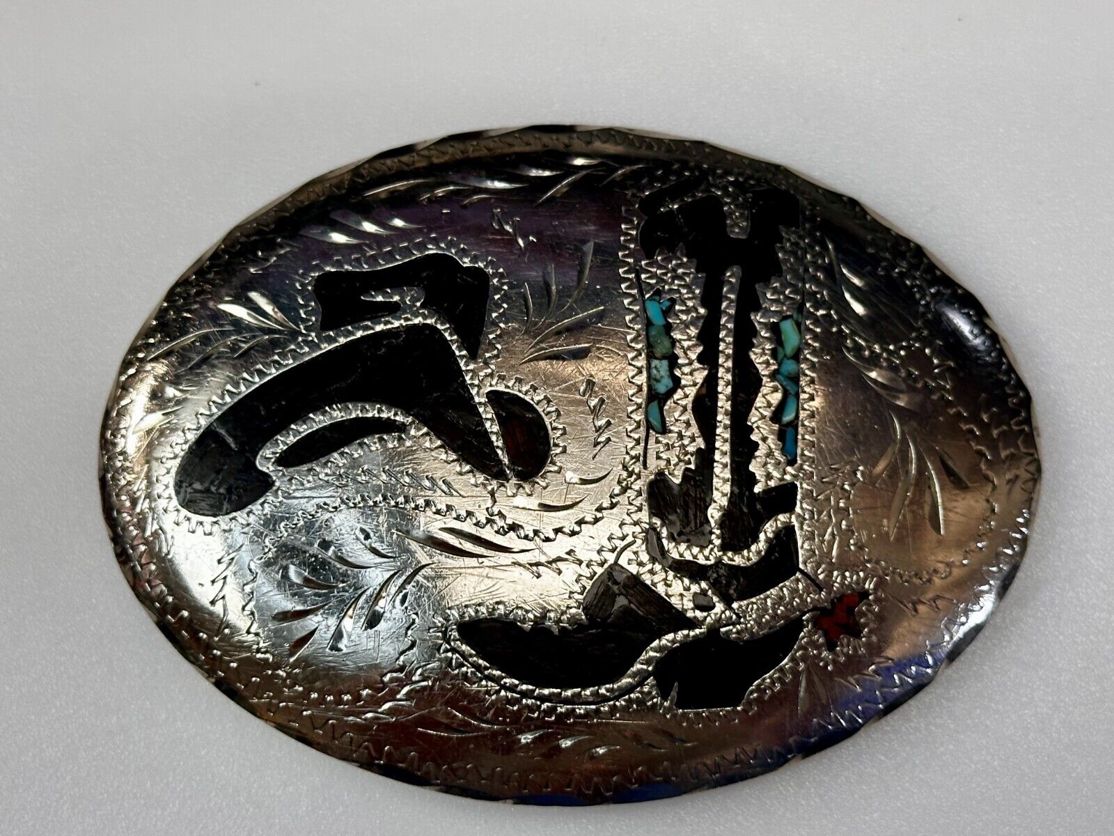 Turquoise & Coral Inlay Western Cowboy Hat Boots Large Native? Art Belt Buckle