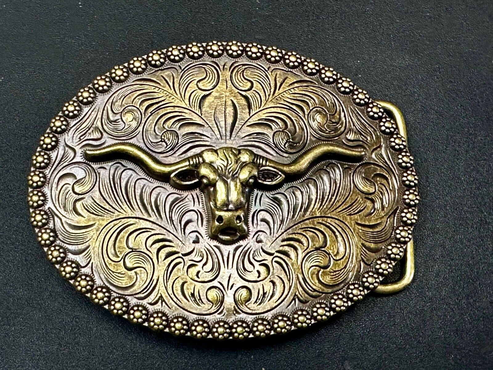 3.5" Wide Texas Longhorn Ornate Engraved Swirl Belt Buckle With Flower Boarder