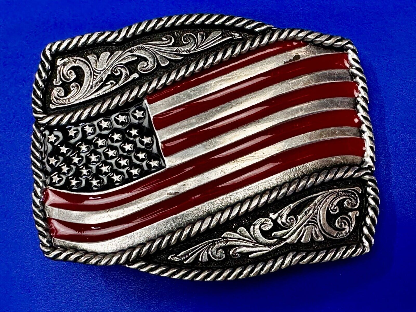 Patriotic American Flag USA Flower Swirl Western Belt Buckle Montana Silversmith