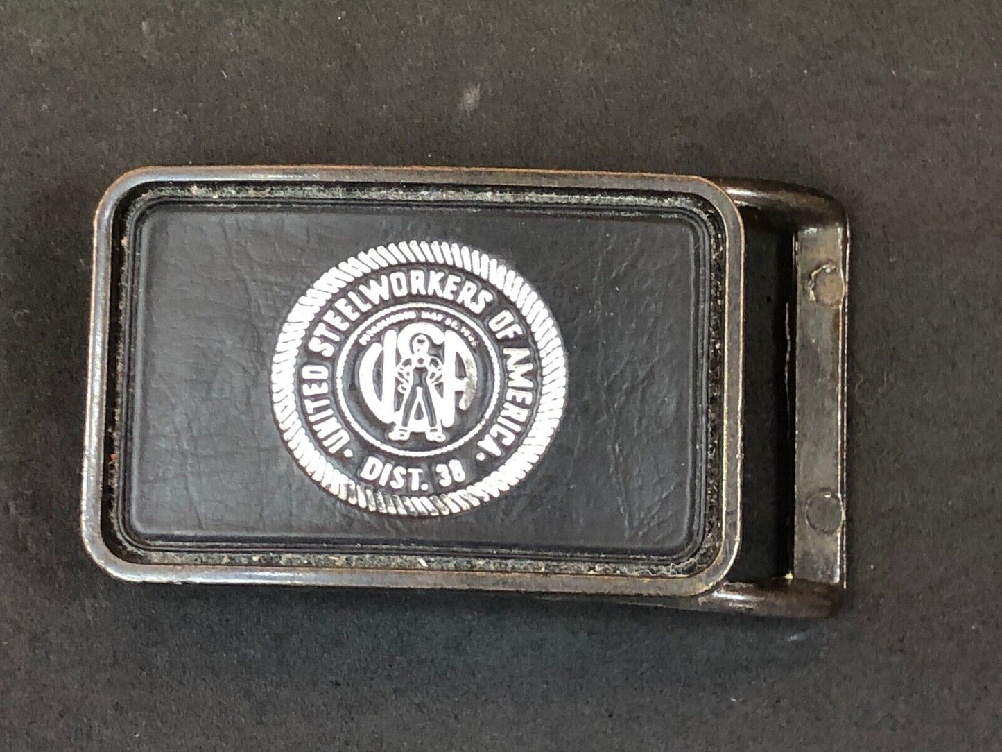 Vintage Leather backed Belt Buckle United Steelworkes of America Dist 38 