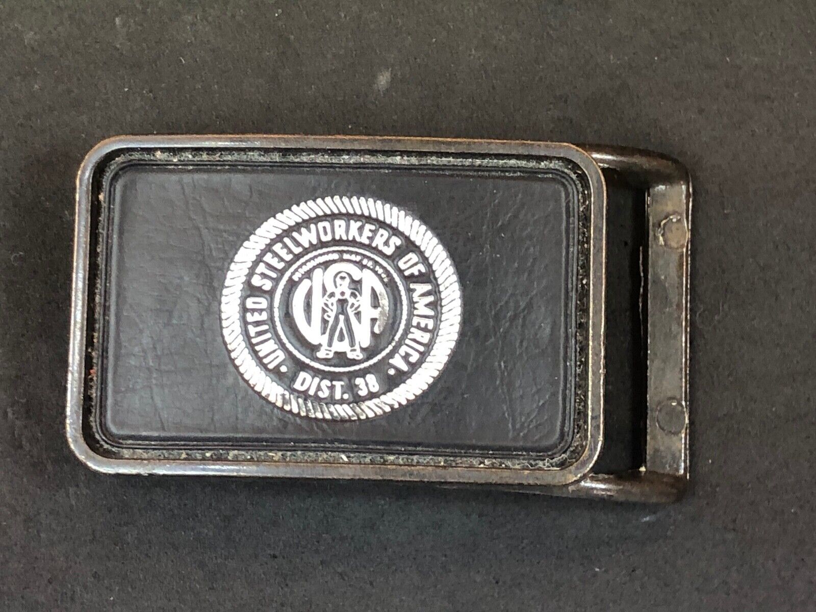 Vintage Leather backed Belt Buckle United Steelworkes of America Dist 38 