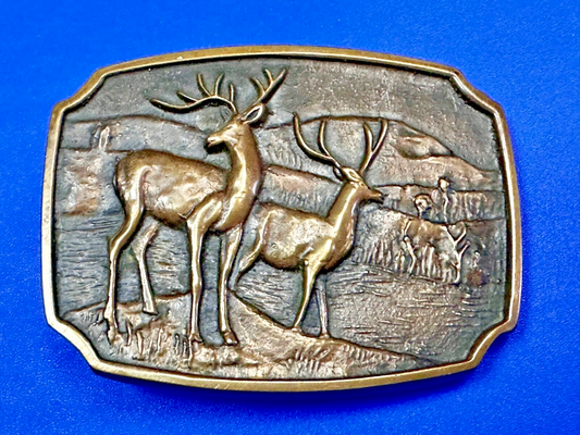 Vintage 1978 BTS Solid Brass Belt Buckle Deer Buck Running Wilderness Made USA