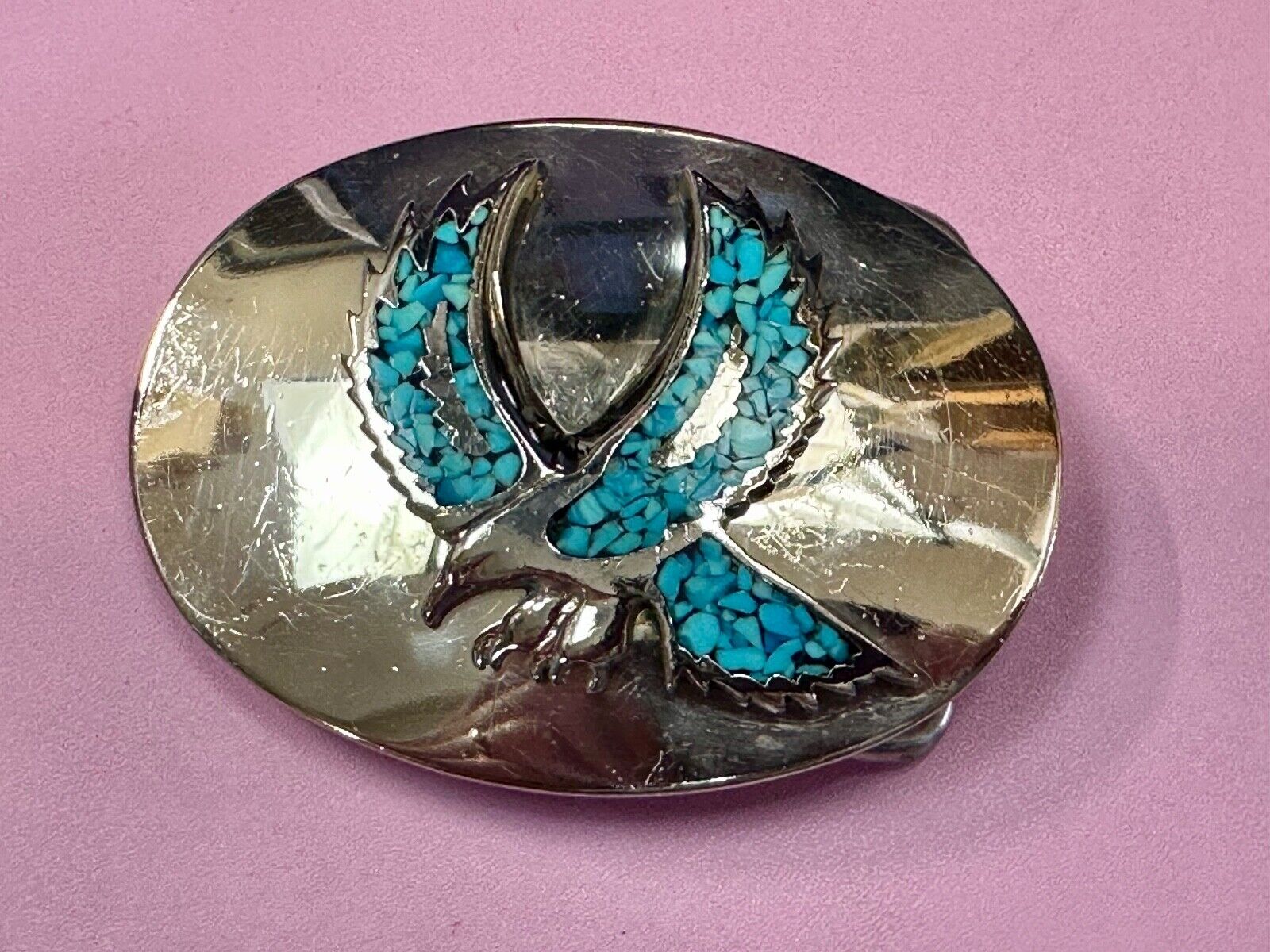 Turquoise Chip inlaid Flying Hunting Diving Patriotic American Eagle Belt Buckle