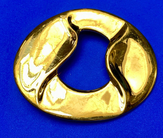 Artist Ginnie Johansen signed gold color abstract oval belt scarf slide