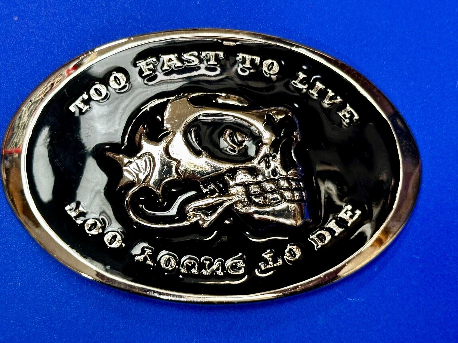 Too Fast to Live, Too Young to Die Skull black and silver tone Belt Buckle