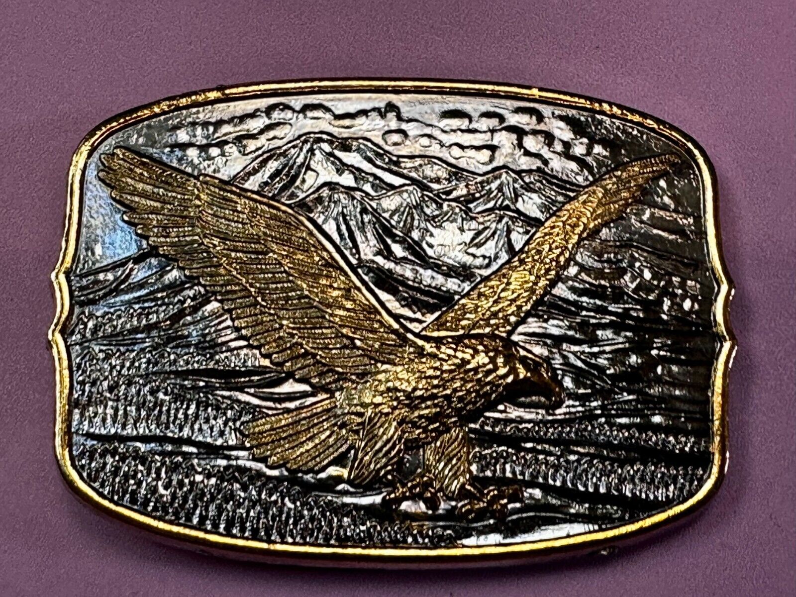 Majestic American Bald Eagle Flying high USA Mountains Two Tone Belt Buckle