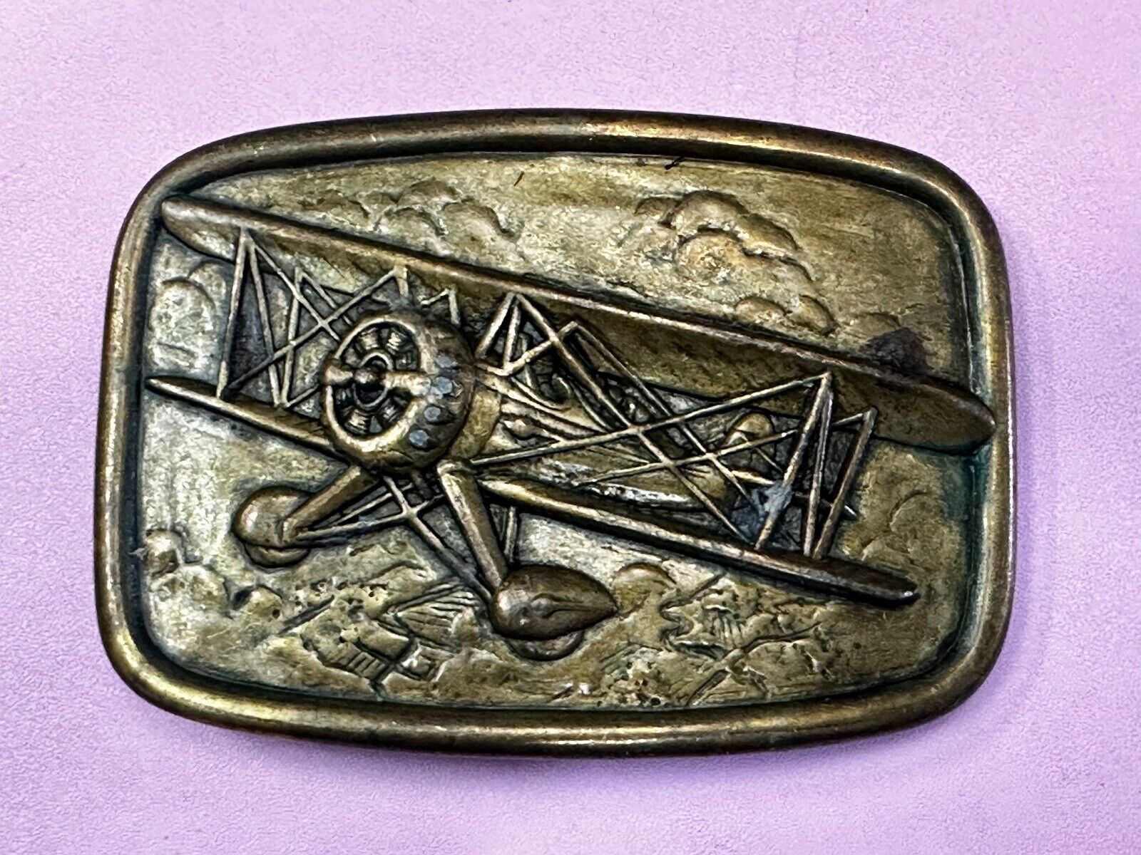 Airplane - Pilots Plane Bi_Wing Avon Vintage 1985 Flying Americana Belt Buckle