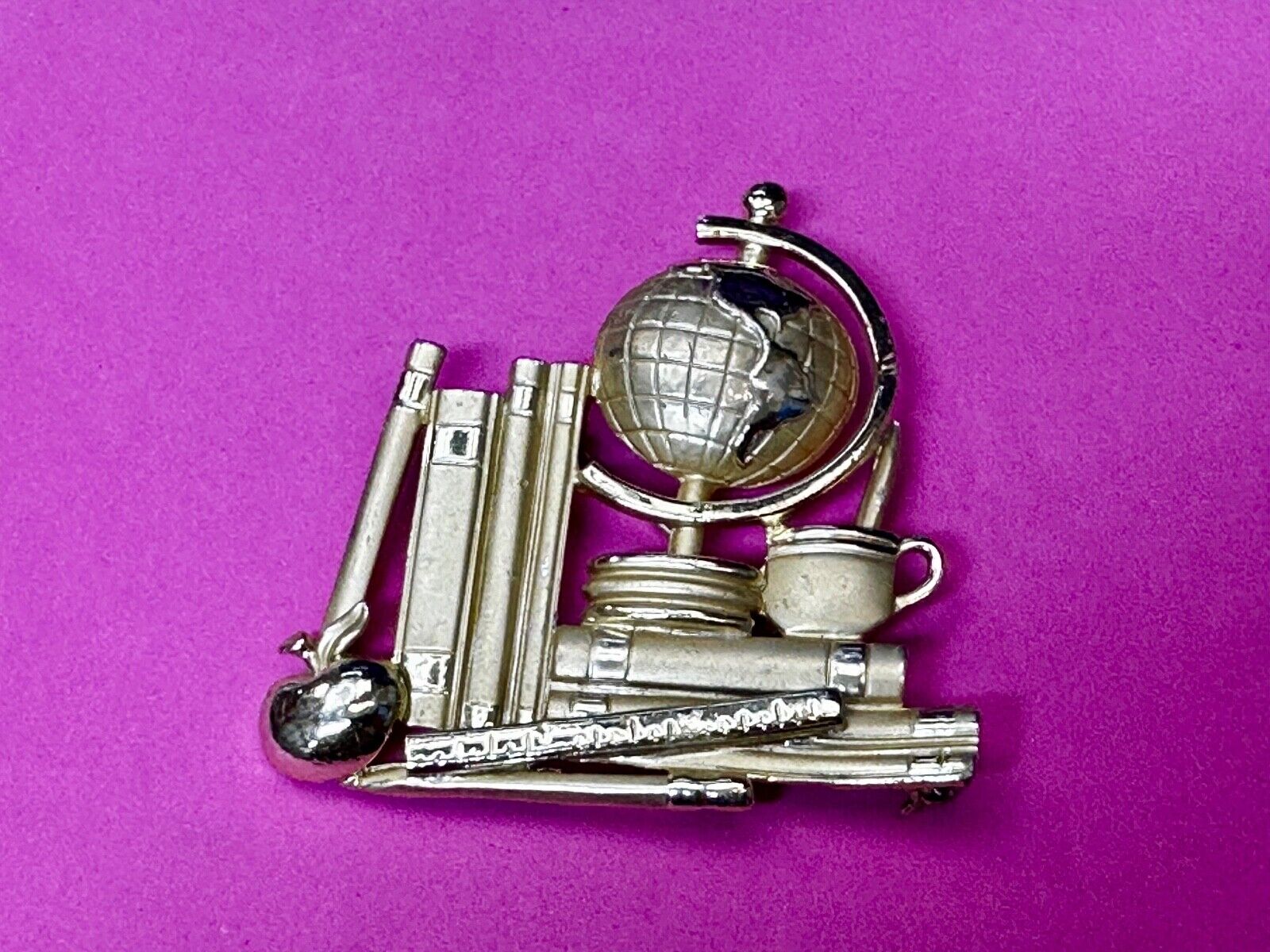 Teacher Gift!  Globe Books Apple Ruler Gold Tone Brooch Pin Vintage by AJC