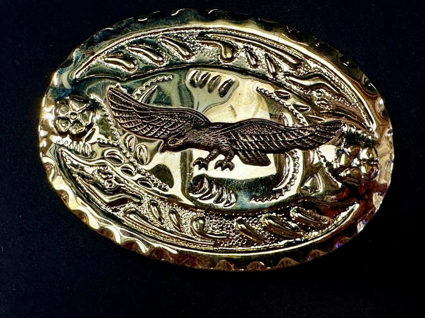 American Bald Eagle Flying Hunting Soaring Ornate Gold Color Western Belt Buckle