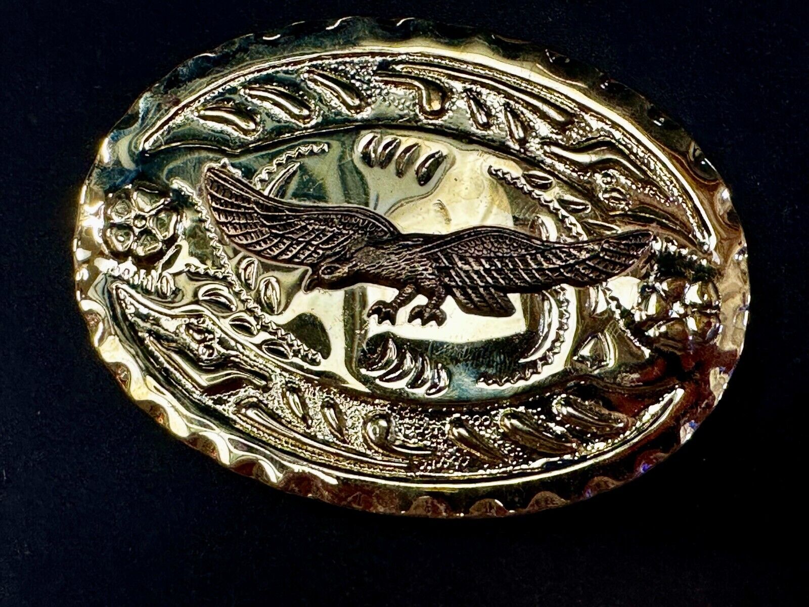 American Bald Eagle Flying Hunting Soaring Ornate Gold Color Western Belt Buckle
