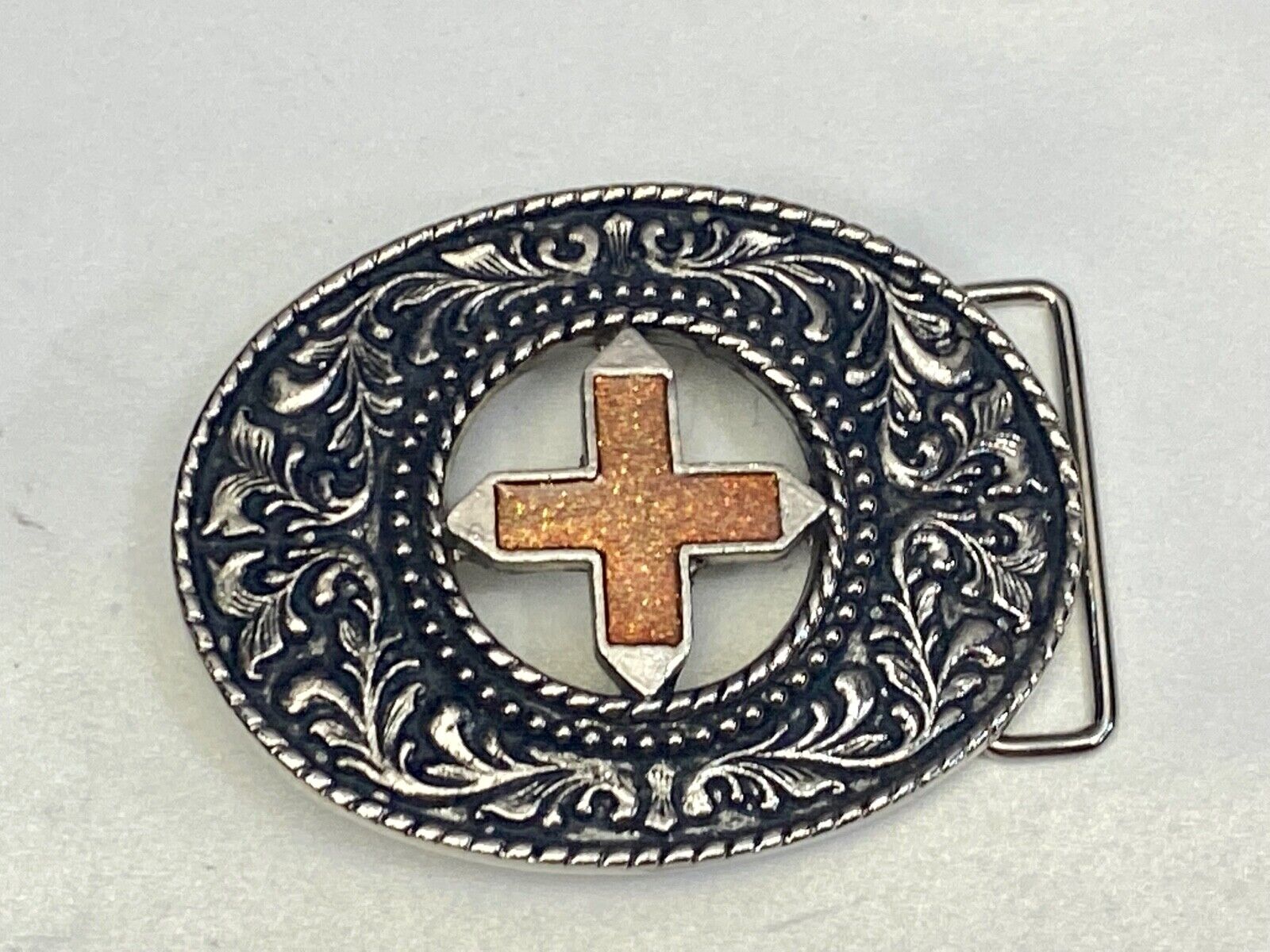 Beautiful See Through Cross Centered In Western Flower Swirl Metal Belt Buckle 