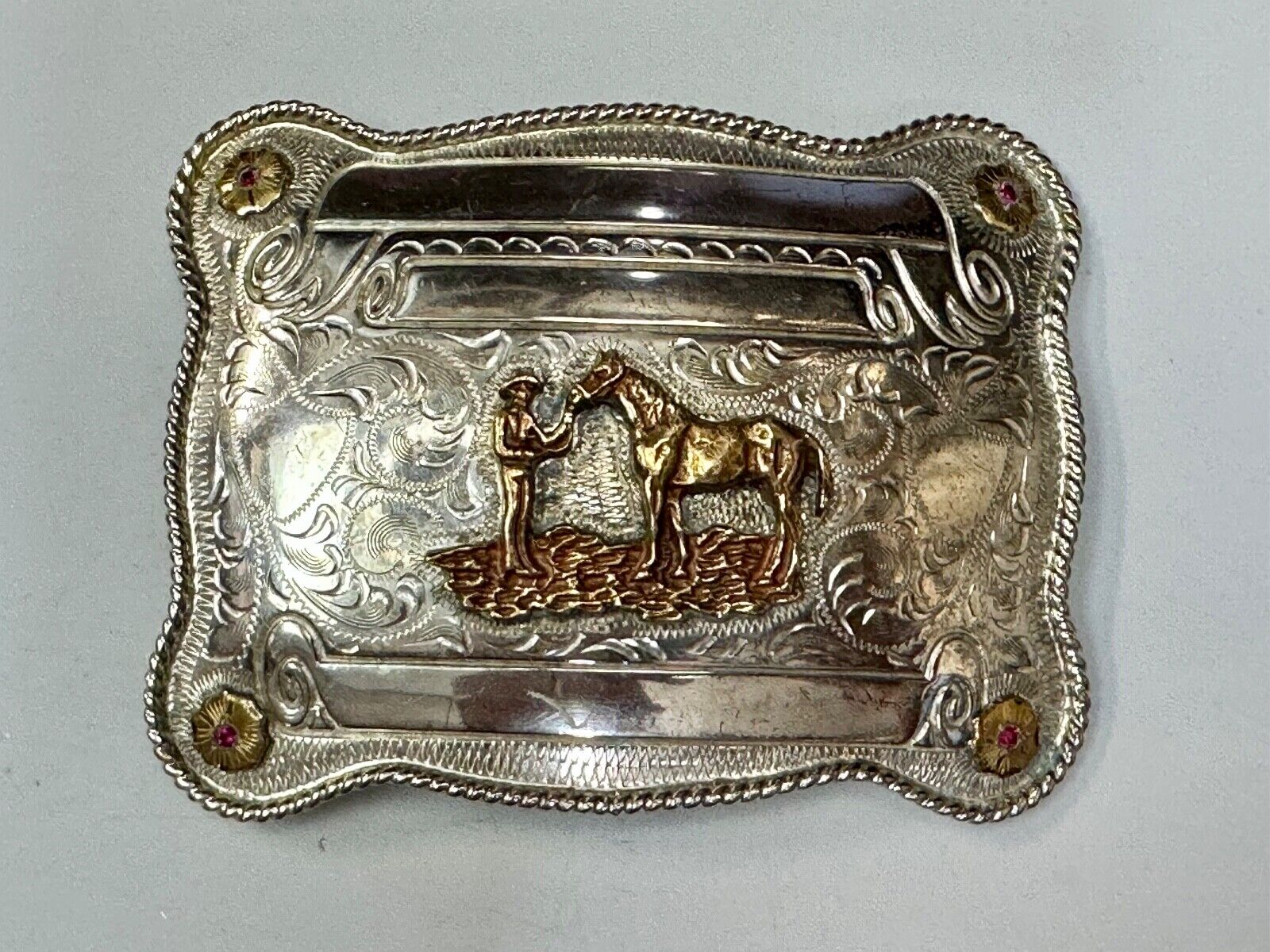A man with his horse two tone, red ruby Belt Buckle - blank award scrolls