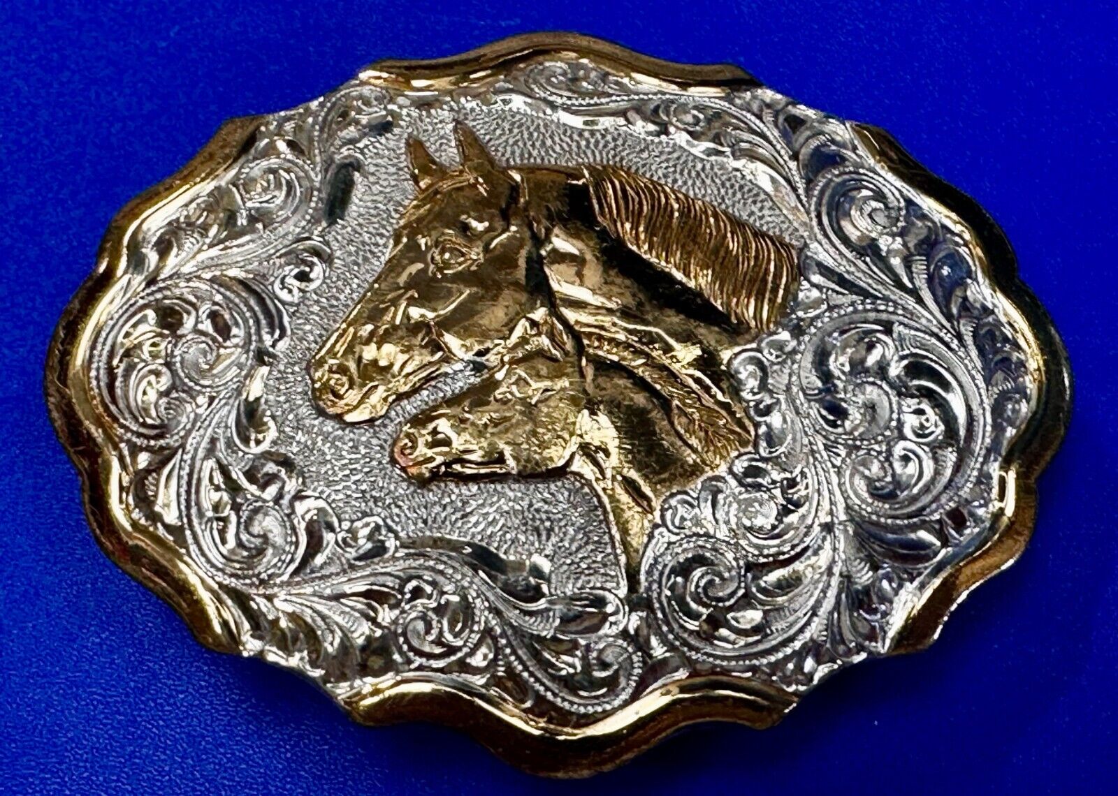 Two Horse Heads Beautiful  Ornate Rodeo Cowboy Two Tone Belt Buckle by Crumrine
