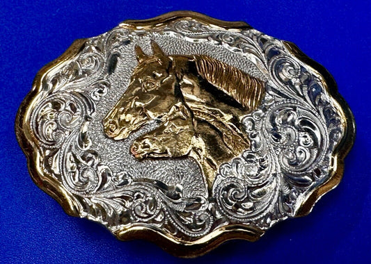 Two Horse Heads Beautiful  Ornate Rodeo Cowboy Two Tone Belt Buckle by Crumrine