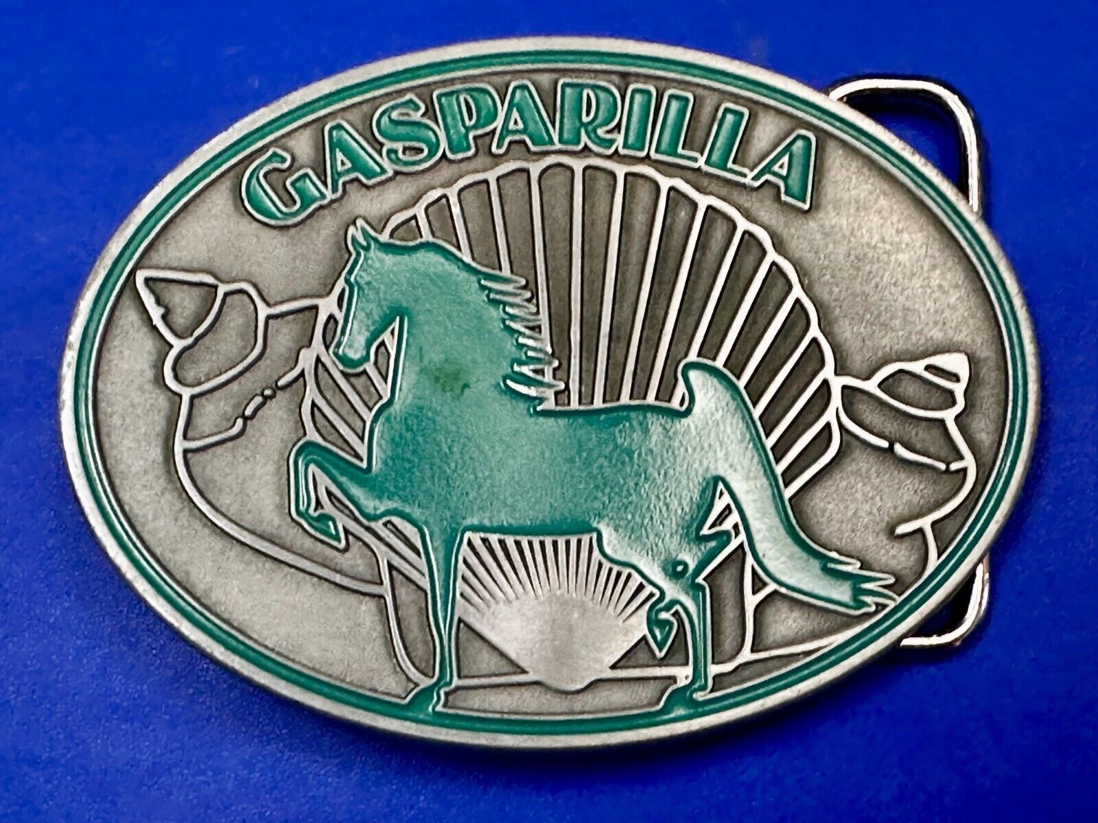 Gasparilla Horse Stallion W/ Sea Shells Green Enameled Accents Belt Buckle