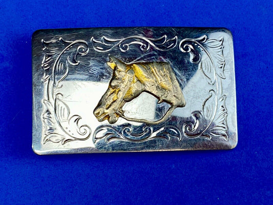 USA made western horse head bust on mixed metal belt buckle 