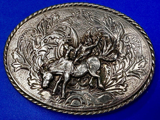 Taming the Wild Western Horse Vintage silver tone oval Belt Buckle 