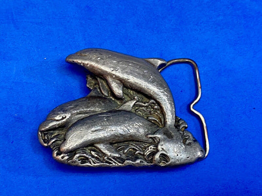 70'S Three Jumping Dolphin's In Ocean Cutout Belt Buckle By Bergamot H-L43