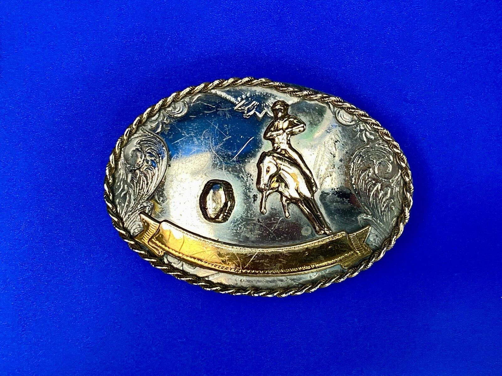 Vintage German Silver Horse Barrel Racing Western Two Tone Belt Buckle W/ Scroll