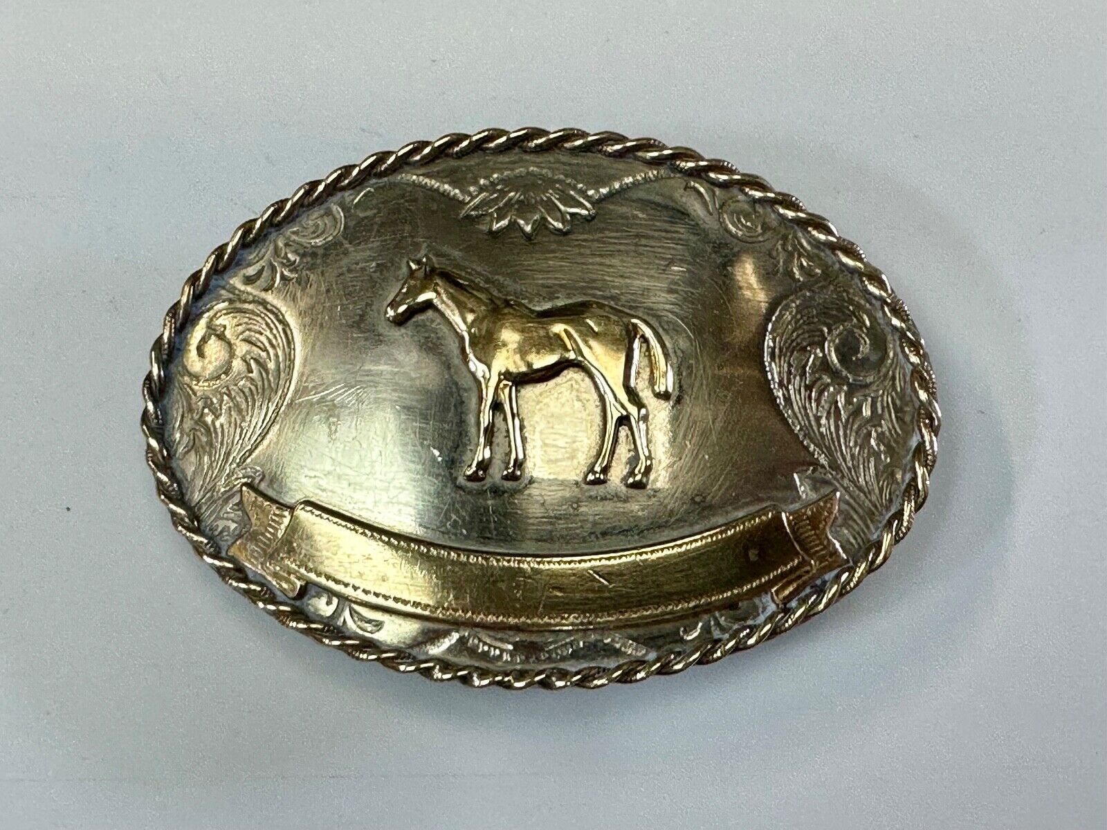 Vintage German Silver Standing Horse Engravable Trophy Award scroll belt buckle