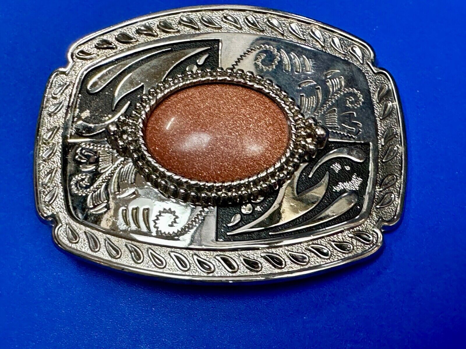 Vintage Goldstone Cabochon Cab Stone Centerpiece on Western Belt Buckle