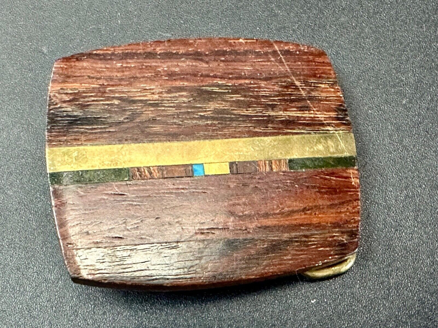 turquoise and solid brass inlay to exotic wood Scorpion Products Div belt buckle
