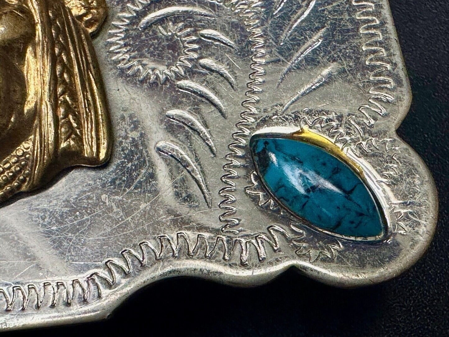 3D Native American Indian Chief & Turquoise stones Nickel Silver Vtg Belt Buckle