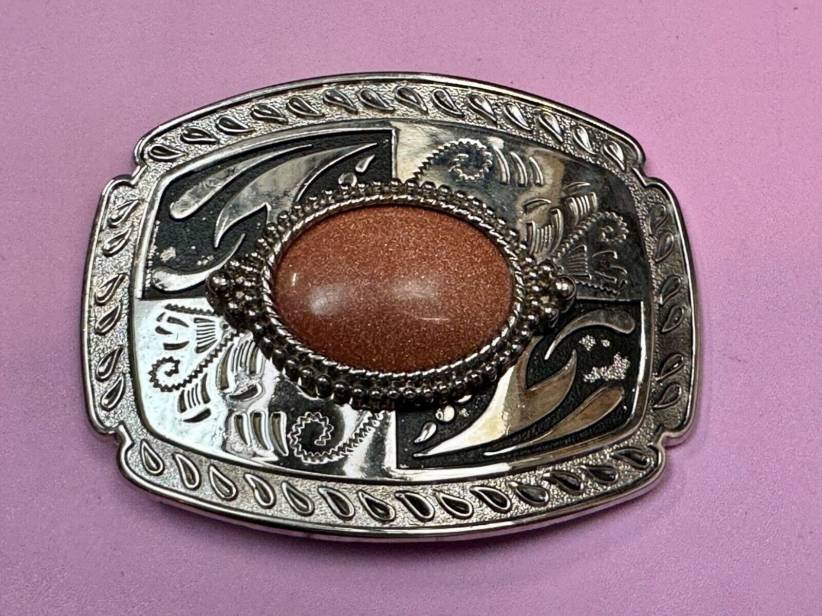 Vintage Goldstone Cabochon Cab Stone Centerpiece on Western Belt Buckle
