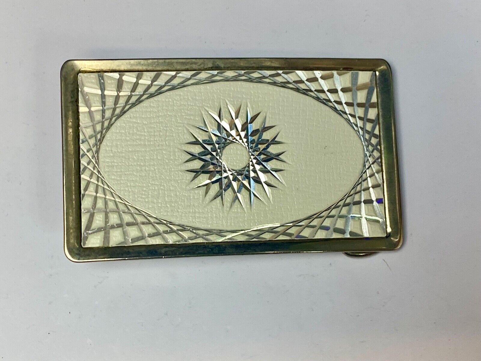 Vintage Etched Star Swirl Burst Pattern Western White & Silver Belt Buckle 