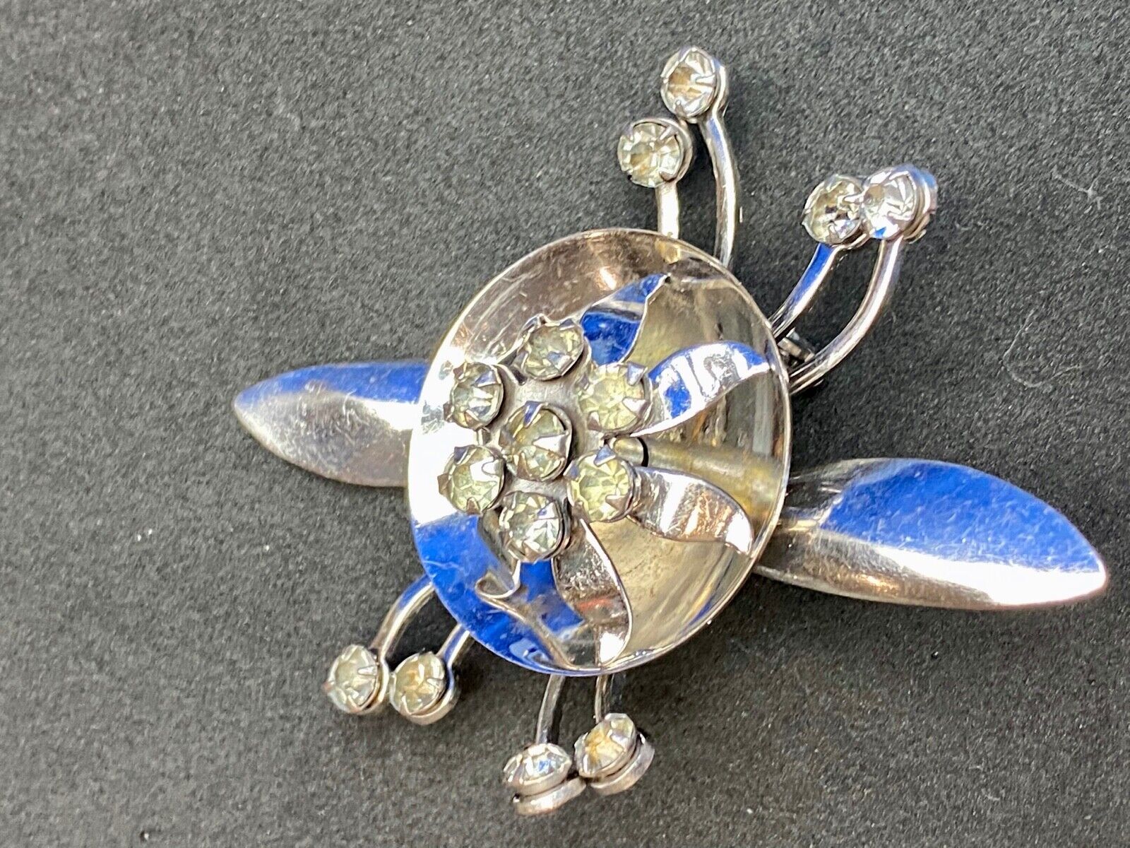 Unique Vintage Flower Brooch Lapel Pin Silver Tone Rhinestones 