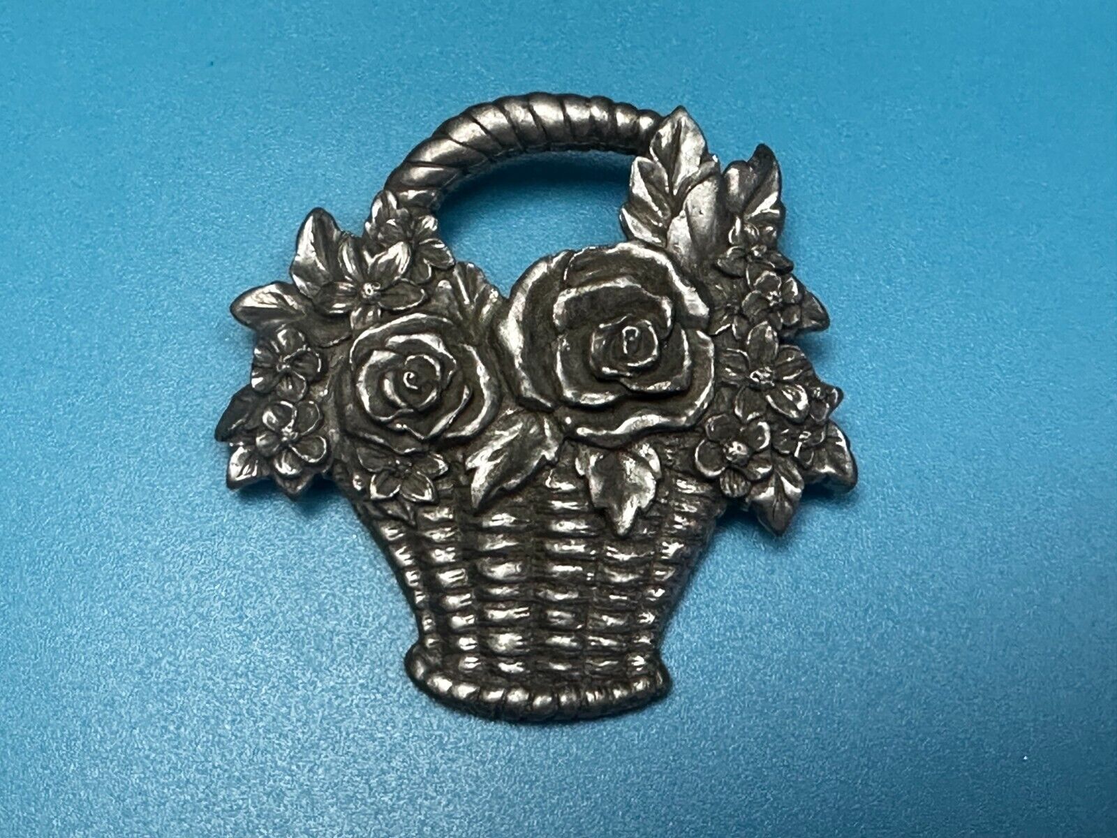 Vintage 1980's Flower Basket Floral Pewter Brooch Pin Signed Seagull Canada