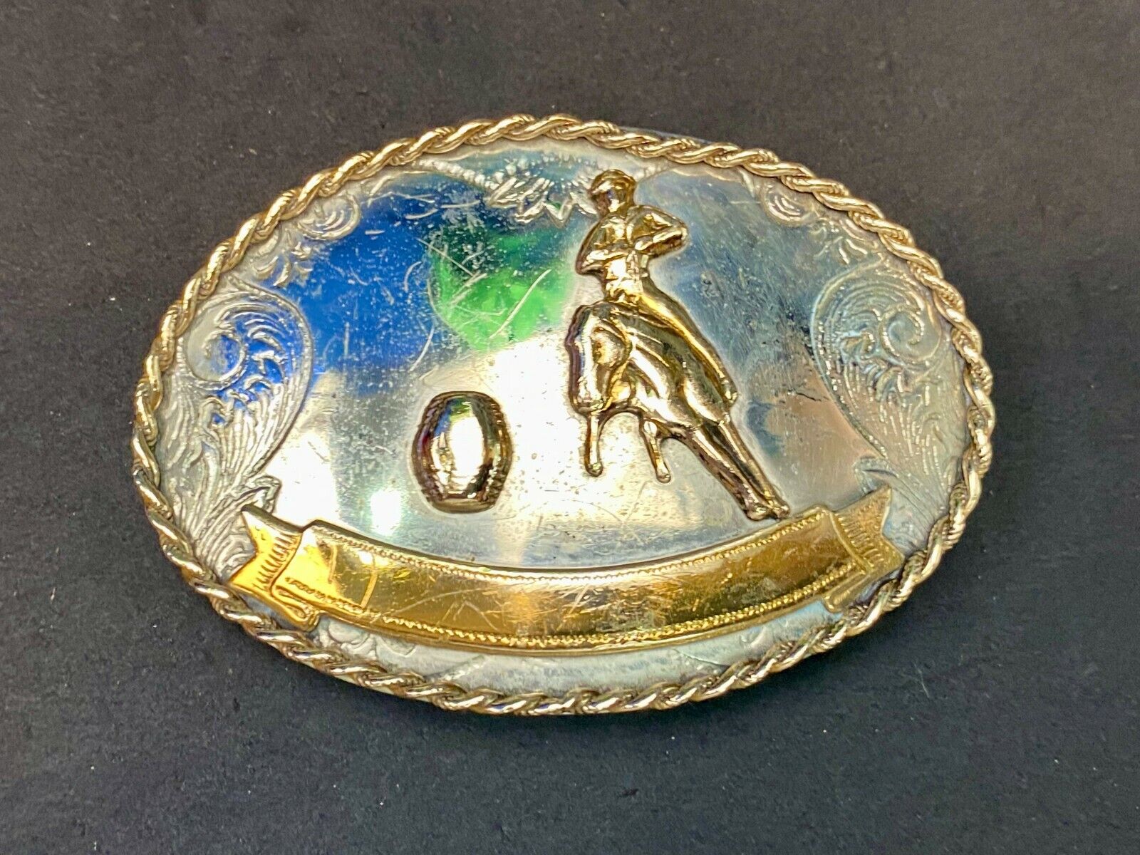 Vintage German Silver Horse Barrel Racing Western Two Tone Belt Buckle W/ Scroll