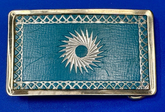 Vintage Blue Color Etched Starburst pattern silver tone Belt Buckle