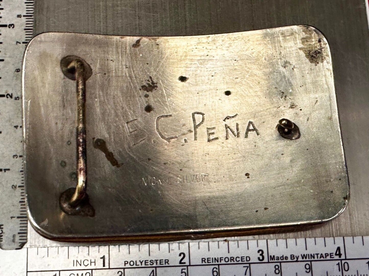 Vintage  E.C Pena Blank Ribbon Engraved Award Trophy Nickel Silver Belt Buckle