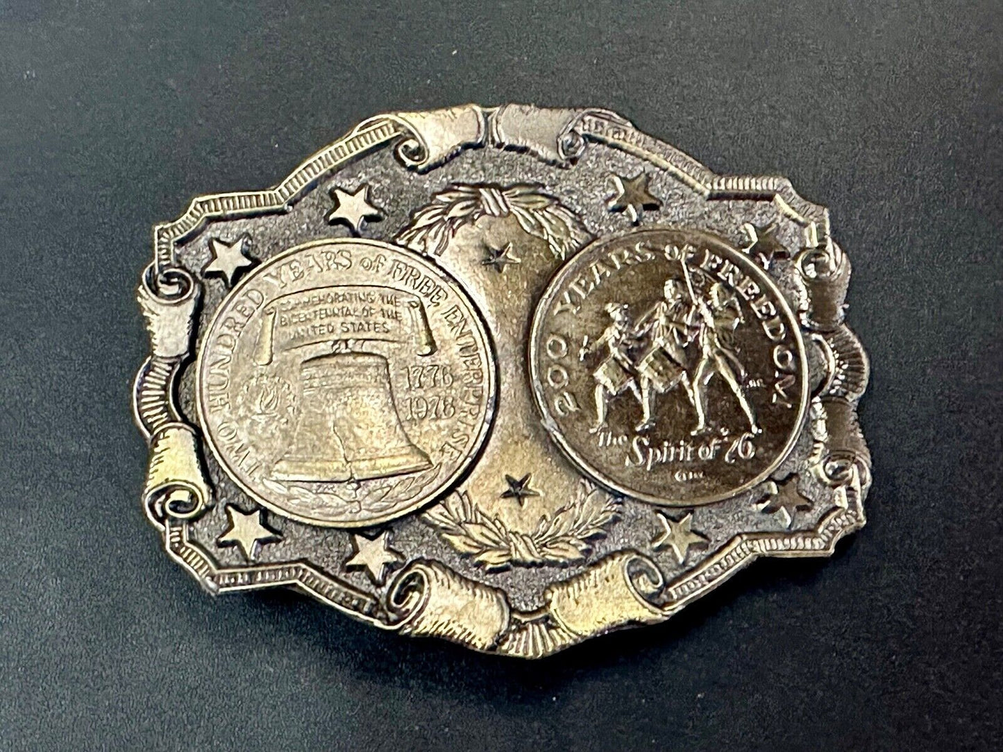 Two Coins Spirit of 76, Liberty Bell Patriotic America Vintage Lewis Belt buckle
