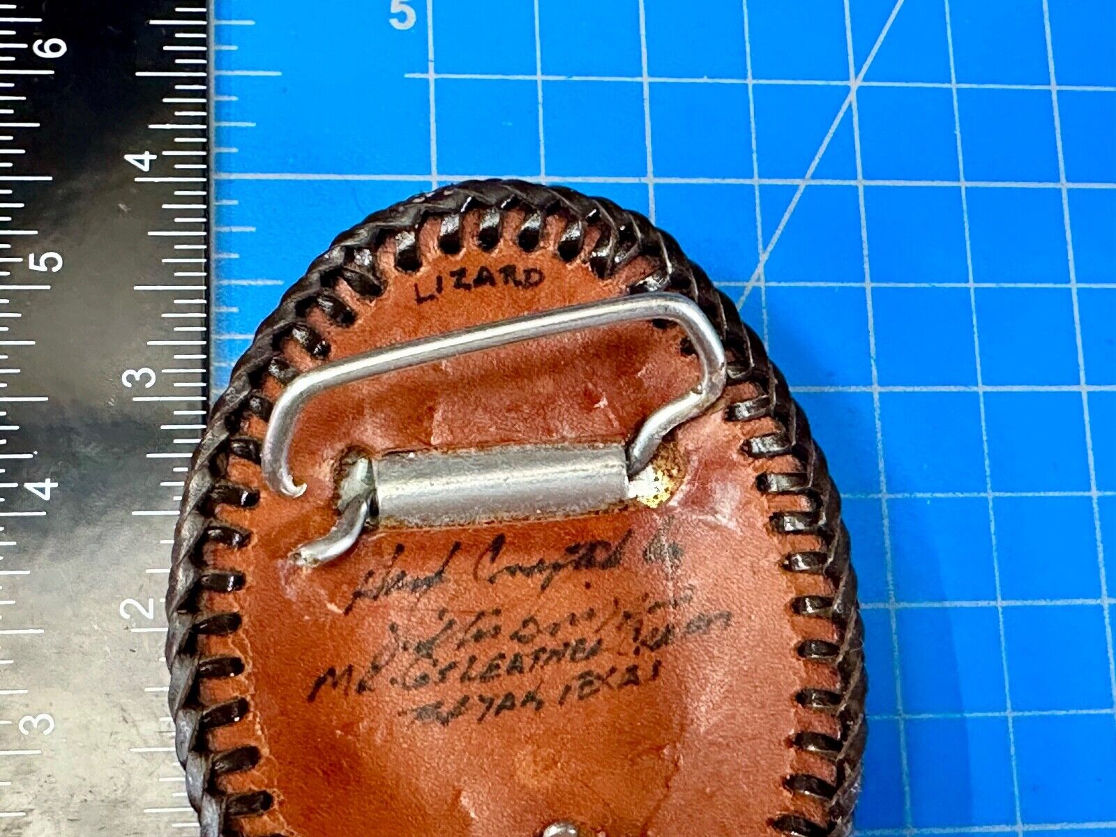 Beautiful lizard Skin brown leather vintage belt buckle with black stitching