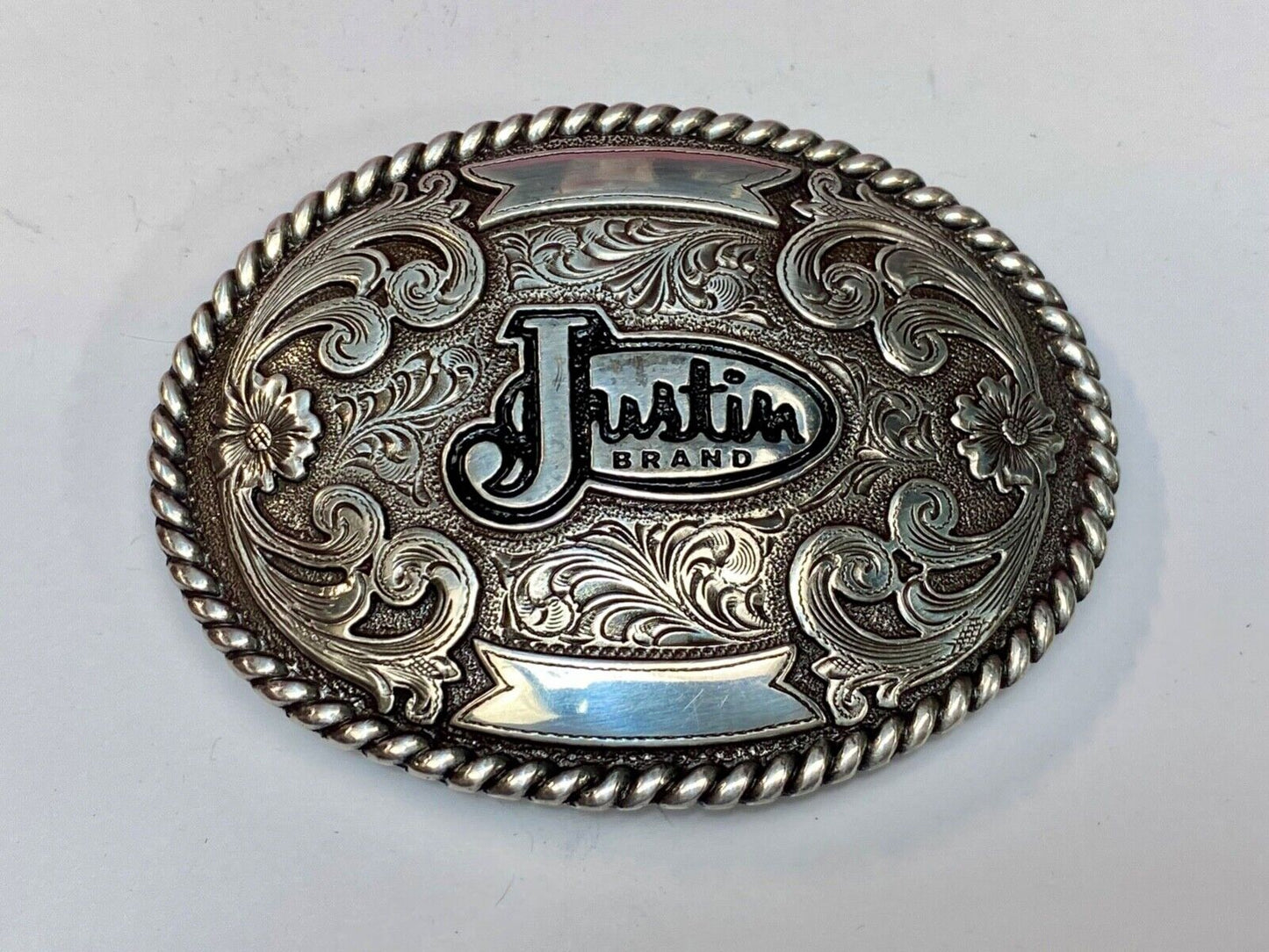 Vintage Justin Cowboys ornate flower swirl Belt Buckle with blank trophy scroll