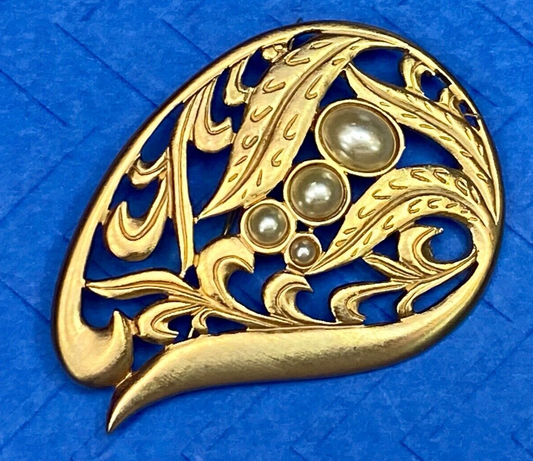 Art Nouveau Leaf Pearls Gold Tone Brooch Pin Costume Jewelry Signed Venue